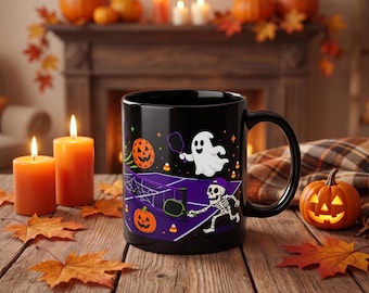 Halloween Pickleball Mug 11oz 15oz, Spooky Black Mug, Funny Halloween Pickleball Gift Cup