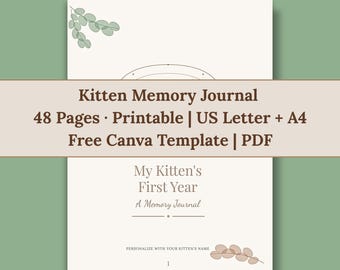 Kitten Memory Journal Printable | 48 Page Cat Baby Book | New Kitten Gift | First Year Journal PDF | A4 & US Letter | Canva Template