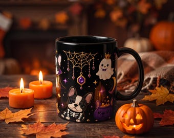 Cute French Bulldog Halloween Dog Mom Mug 11oz 15oz, Spooky Black Mug, Funny Halloween Fur Mama Gift Cup
