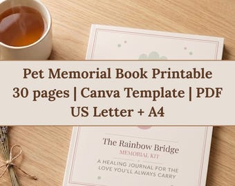 Pet Memorial Book Printable | Rainbow Bridge Grief Journal Dog Cat Loss | Canva Template | US Letter + A4 | Instant Download