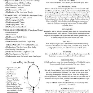 May include: A printed page titled "The Holy Rosary" with text detailing the mysteries, prayers, and instructions for praying the rosary. Includes a diagram of a rosary with numbered parts.