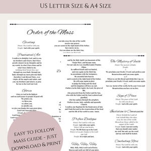 May include: A printable order of the Catholic Mass, available in US Letter and A4 sizes. The document includes the Mass's sections, such as the Penitential Act, Gloria, and Preface Dialogue, with a pink circle graphic that says "Easy to Follow Mass Guide - Just Download & Print."