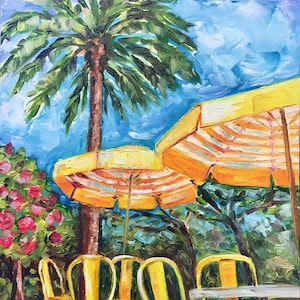 Original oil painting, cafe scene, yellow umbrellas, Florida art, St. Petersburg