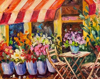 Small painting, Flower stand, original oil painting, mini painting, cafe painting, floral painting