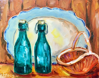 Green bottles still life, small oil painting