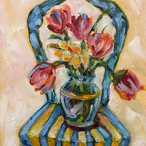 Floral with French chair original oil painting. 5”x7”