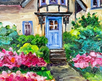 English cottage, small oil painting