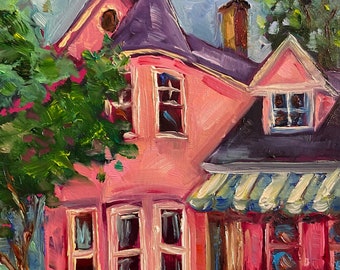 Victorian home at the Chautauqua institute, small oil painting