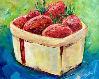 Stawberry season all year round with this fresh little painting, 6 inch square oil on gessoboard