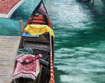 Original oil painting, "the Tourist" Venice, Italy - A gondola waits for it's next passenger...