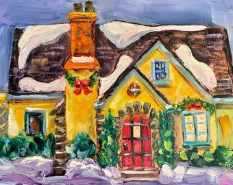 Christmas cottage, small oil painting