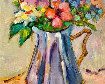 Vintage vase floral, small oil painting