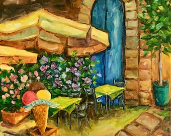 Gelato anyone? Original oil painting, Tuscan cafe, Tuscan hill town, Volterra, italy, Italian painting