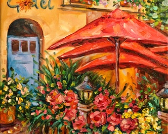 Cafe in Niagara on the Lake, original Oil painting, cafe scene, red umbrellas painting