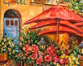 Cafe in Niagara on the Lake, original Oil painting, cafe scene, red umbrellas painting