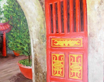 Oil painting of a red door on Marble Mountian, Vietnam