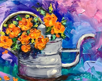 Watering Can Floral Painting, Small Oil Painting