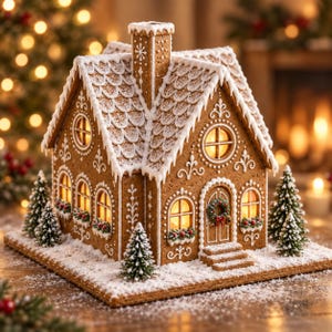 May include: A gingerbread house with brown walls, white icing details, and a shingled roof. The structure features arched windows, a central door with a wreath, and a chimney. Small artificial pine trees are placed around the base.