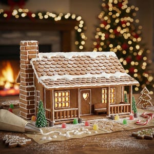 Può includere: Una dettagliata casa di pan di zenzero con camino, portico e porta a forma di cuore. Il tetto è ricoperto di tegole marroni e cosparso di glassa bianca. La scena comprende un albero di Natale, un camino e decorazioni di caramelle.
