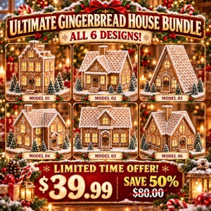 Könnte beinhalten: Eine digitale Werbeanzeige für ein Lebkuchenhaus-Set mit sechs verschiedenen Modellen, die mit weißem Zuckerguss verziert sind, beleuchtete Fenster aufweisen und weihnachtliche Dekorationen sowie Textbeschriftungen für jedes Modell enthalten.