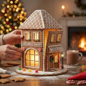 May include: A gingerbread house with the text "GINGERBREAD BAKERY" on the front. The house is decorated with white icing, candy, and a small lamp post. The house is lit from within, and there is a cup of hot chocolate nearby.