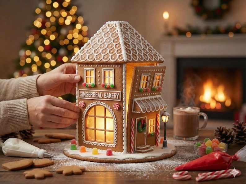 May include: A gingerbread house with the text "GINGERBREAD BAKERY" on the front. The house is decorated with white icing, candy, and a small lamp post. The house is lit from within, and there is a cup of hot chocolate nearby.