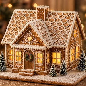 Könnte beinhalten: Ein Lebkuchenhaus mit weißen Zuckergussdetails, einem herzförmigen Fenster und einem kleinen Kranz an der Tür. Das Gebäude ist von innen beleuchtet und von mehreren kleinen grünen Tannenbäumen auf einem verschneiten Untergrund umgeben.