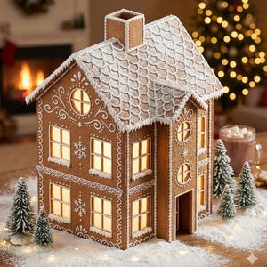 May include: A detailed gingerbread house with white icing accents, including a chimney and decorative windows. The roof is covered in white icing, and the house is surrounded by miniature Christmas trees and artificial snow. The house is lit from within.