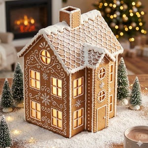 May include: A gingerbread house with illuminated windows, detailed with white icing and snowflake accents. The roof is decorated with white icing, resembling snow. The house is surrounded by miniature Christmas trees and artificial snow.
