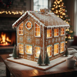 Puede incluir: Una detallada casa de jengibre con detalles de glaseado blanco, caramelos coloridos y ventanas iluminadas. La casa está sobre una superficie de madera con árboles de Navidad en miniatura y una taza. Una chimenea y un árbol de Navidad están en el fondo.