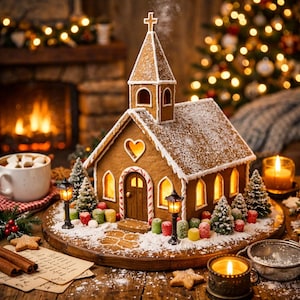 Lebkuchenhaus Kirche Vorlage | Druckbare PDF-Muster (einfaches & klassisches Kirchendesign)