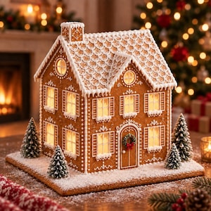 May include: A gingerbread house with white icing details, including a shingled roof, window frames, and a front door with a wreath. The structure is illuminated from within, sits on a snowy base, and is surrounded by four small evergreen trees.