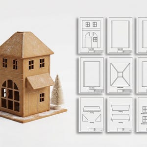May include: A gingerbread house with a detailed design, featuring multiple windows and a small awning. Accompanying the house are architectural diagrams for assembly. A small, decorative tree is placed next to the house.