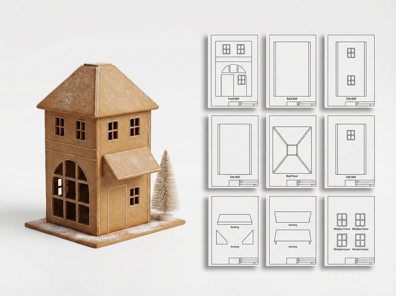 May include: A gingerbread house with a detailed design, featuring multiple windows and a small awning. Accompanying the house are architectural diagrams for assembly. A small, decorative tree is placed next to the house.