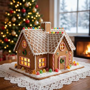 Op de afbeelding: Een peperkoekhuisje met witte glazuurdetails, kleurrijke snoepjes en pretzelversieringen. Het huis heeft een schoorsteen, ramen en een deur met een krans. Op de achtergrond staat een kerstboom met lichtjes.