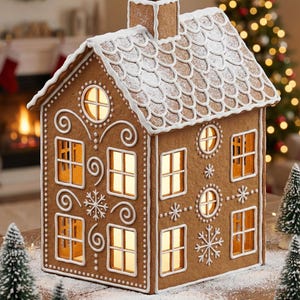 May include: A gingerbread house with a chimney, windows, and a snow-covered roof. The house is decorated with white icing and snowflake details. The windows are lit, and the house is placed on a wooden surface.