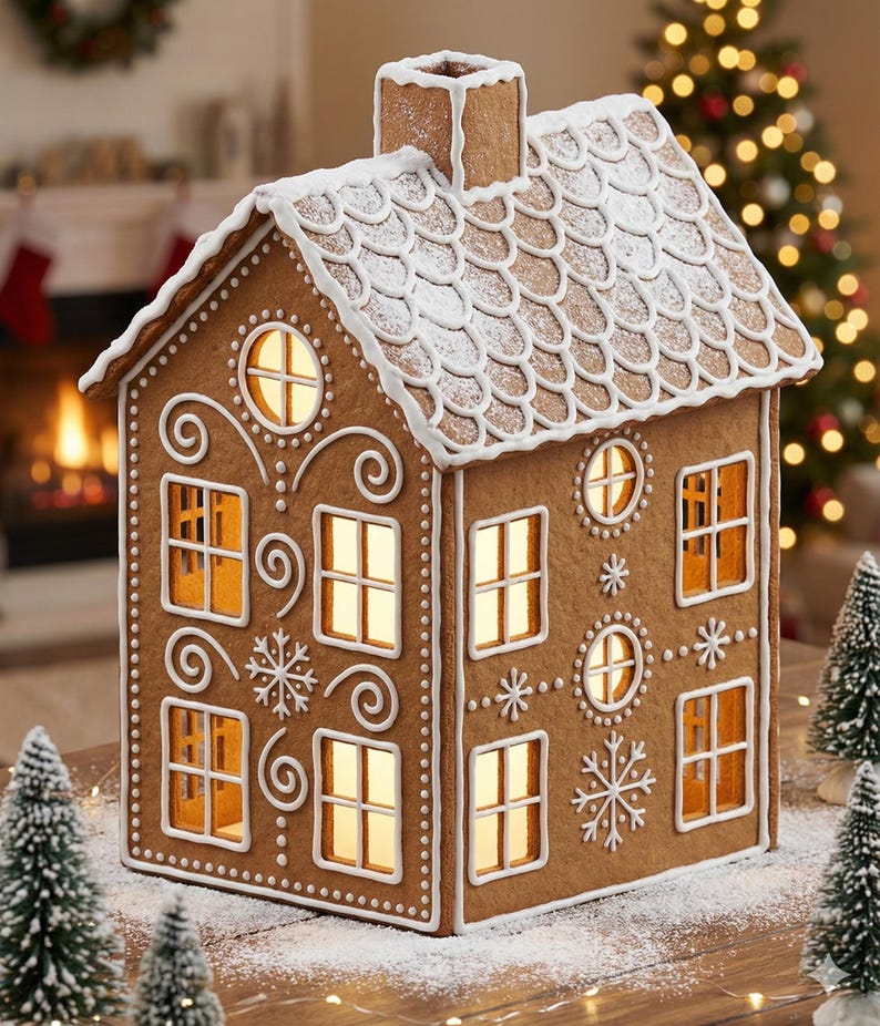 May include: A gingerbread house with a chimney, windows, and a snow-covered roof. The house is decorated with white icing and snowflake details. The windows are lit, and the house is placed on a wooden surface.