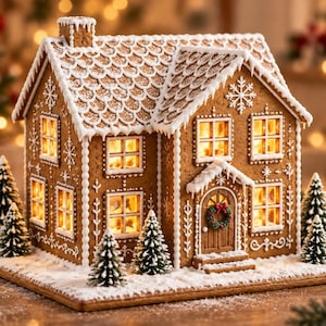 May include: A gingerbread house with white icing details, including roof shingles, snowflake patterns, and a wreath on the door. The structure features illuminated windows and is surrounded by small artificial pine trees on a snowy base.