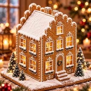 Könnte beinhalten: Ein Lebkuchenhaus mit weißer Zuckergussverzierung, beleuchteten Fenstern und einem verschneiten Dach. Das Gebäude hat mehrere Fenster mit grün-roten Akzenten, eine Eingangstür mit Kranz und kleine Stufen, umgeben von Miniatur-Tannenbäumen.