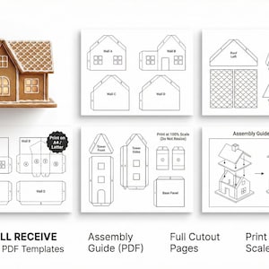 May include: A gingerbread house and printable PDF templates for assembly. The templates include walls, roof, and tower components. The text reads: "YOU WILL RECEIVE Printable PDF Templates", "Assembly Guide (PDF)", "Full Cutout Pages", and "Print at 100% Scale".