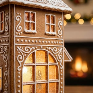 May include: A detailed gingerbread house with white icing trim and decorative swirls. The windows glow with a warm, inviting light. The house is a festive holiday decoration, perfect for Christmas or winter. The background shows a fireplace with a blurred bokeh effect.