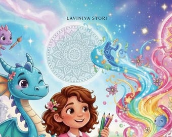 May include: A children's book cover with the title "EJDERHA DIYARININ RENK HIRSIZI Ve Cesur ELIF." A girl with brown hair and a pink shirt holds colored pencils and a coloring book. A blue dragon and other fantasy elements are also present.