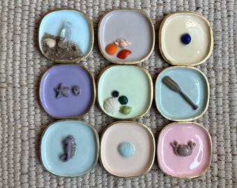 Hand-sculpted Clay Trinket Dish, Gold Rim, Coastal Beach House Decor, Ring Jewelry Catchall