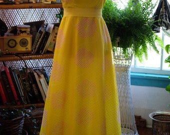 Yellow dotted swiss ruffle 70s maxi