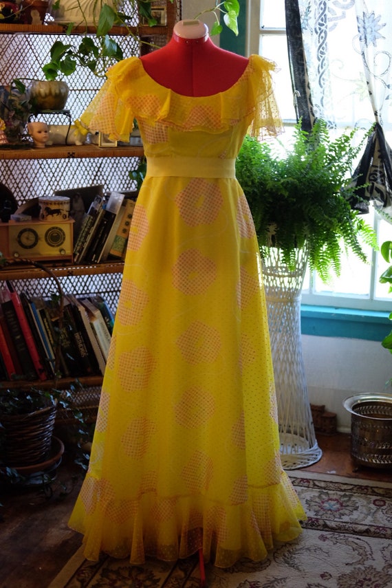 Yellow dotted swiss ruffle 70s maxi