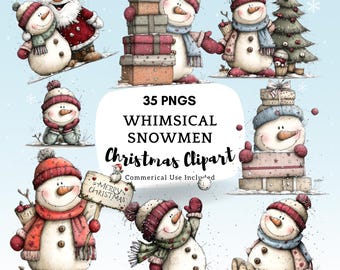 Whimsical Snowmen Christmas Clipart: Festive Holiday Graphics (Digital Download - 35 PNGs)