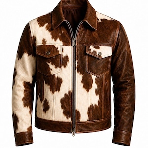 May include: A jacket featuring a brown and white cowhide print pattern. The garment includes a classic collar, a full-length front zip closure, and two chest pockets with buttoned flaps. The sleeves have cuffs, and the overall design displays a textured finish.