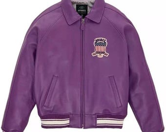 Avirex Men's Purple American Pilot Flight Style Handmade Jacket Genuine Cowhide Leather Bomber