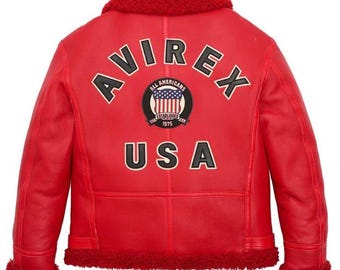 Blouson aviateur rouge pour homme Avirex, style pilote américain, fait main en cuir de vachette véritable