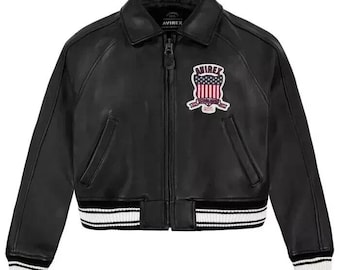 Icon AVIREX Black Cropped Women American Pilot Flight Bomber Jacket Real Genuine Cowhide Leather